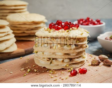 Moroccan Pancake Layer Cake - Baghrir Cake. Close Up