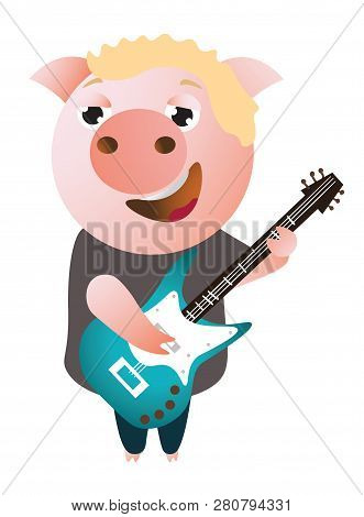 A Funny Piggy Sings And Plays On Bass Guitar.