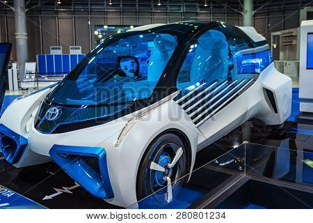 August, Japan, Tokyo.2018, Auto Exhibition Of Cars Of The Future. The Car Of The Future Is Blue. Aut