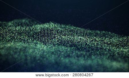 Wave Glow. Wave Of Particles. Wave 3d. 3d Rendering. Futuristic Green Dots Background With A Dynamic