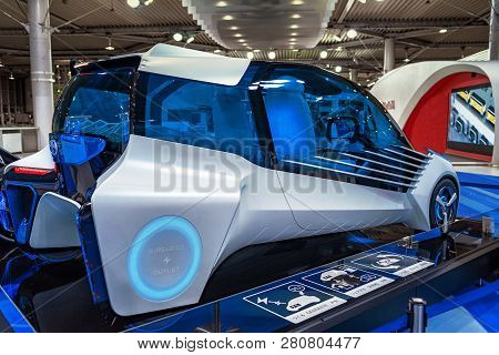 August, Japan, Tokyo.2018, Auto Exhibition Of Cars Of The Future. The Car Of The Future Is Blue. Aut