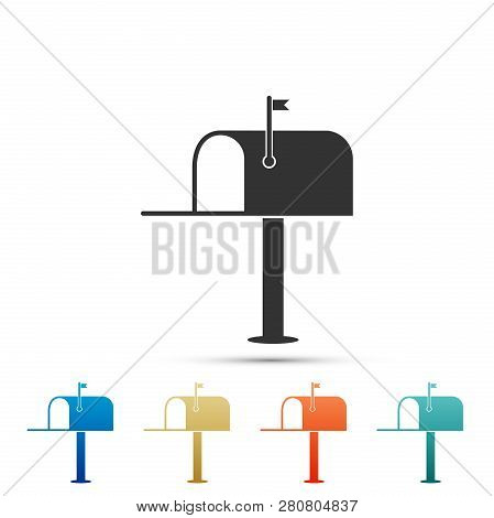 Open Mail Box Icon Isolated On White Background. Mailbox Icon. Mail Postbox On Pole With Flag. Set E