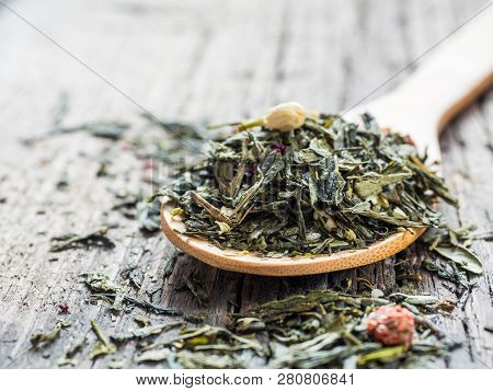Dry Leaves Of Sencha Green Flower Tea With Cowberry Leaf, Red Currant, Jasmine, Rose Petals, Honey G