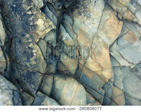 Fractured Rock Strata As A Background, Cracked Rock, Stone Texture, Many Cracks In The Stone, Fractu