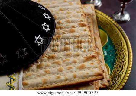 Passover Bread Holiday Jewish Matzoh Celebration And Kipah