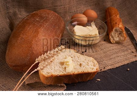 Breads And Butter Concept Of Teasty Home Food Close Up On Table