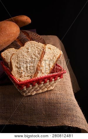Breads And Baguette Concept Of Teasty Home Food Close Up On Table