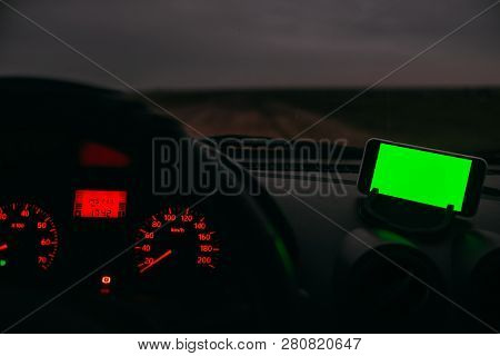 Night Road In The Car Phone With A Green Background Chroma Key