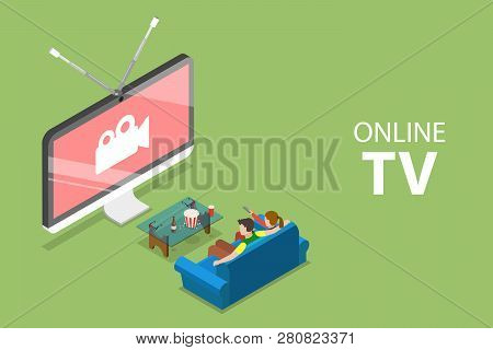 Isometric Flat Vector Concept Of Smart Tv, Home Entertainment, Movie Online.