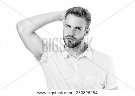 Life Without Dandruff. Healthy Hair. Guy Attractive Enjoy Hairstyle. Man Bearded Strict Face Enjoy F