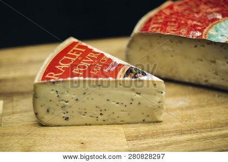 Belgrade, Serbia - November 22, 2018: Detail Of Raclette Au Poivre Cheese In Belgrade, Serbia. It Is