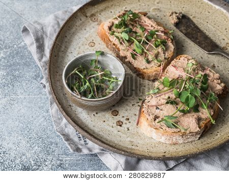 Two Toasts Duck With Prunes Rillettes Pate On White Bread With Sprouts And Various Seeds On A Vintag