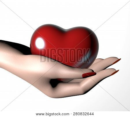 3D Illustration Of Happy Valentine's Day Card With Femile Hand Hold Heart With Copy Space