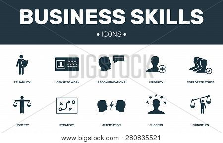 Business Skills Set Icons Collection. Includes Simple Elements Such As Integrity, Corporate Ethic, A