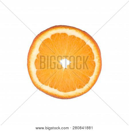 Thin Orange Fruit Slice Isolated On A White Background. Ctrus Round Slice. Food Background.