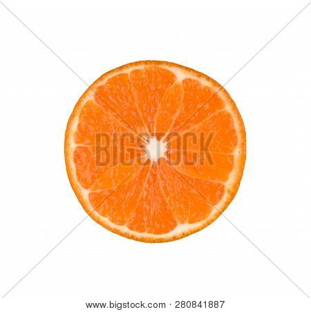 Thin Mandarin Fruit Slice Isolated On A White Background. Ctrus Round Slice. Food Background. Top Vi