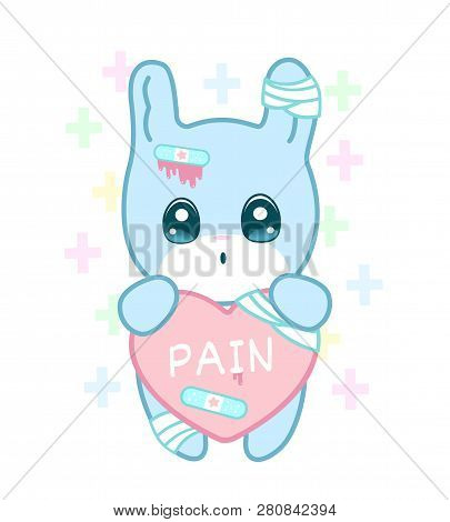 Suffering Rabbit With Injured Ear And Broken Heart In Yami Kawaii Style