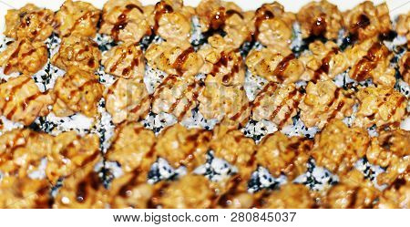 Panorama Banner Of Traditional Japanese Dishes With Uramaki Sushi, Gomoku Yakisoba, Tempura Shrimp A
