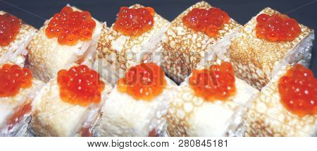 Panorama Banner Of Traditional Japanese Dishes With Uramaki Sushi, Gomoku Yakisoba, Tempura Shrimp A
