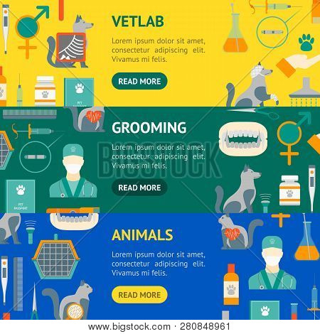 Cartoon Veterinary And Grooming Banner Horizontal Set . Vector