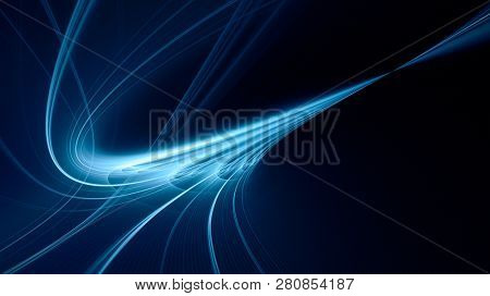 Abstract blue background element on black. Fractal graphics. Composition of glowing lines and mption blur traces. Movement and innovation concept.