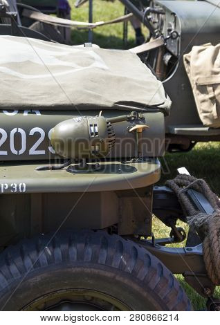 Side View Of Wwii Vehicle Showing Close Up Of Bonnet And Wheel, Side Light Indicator