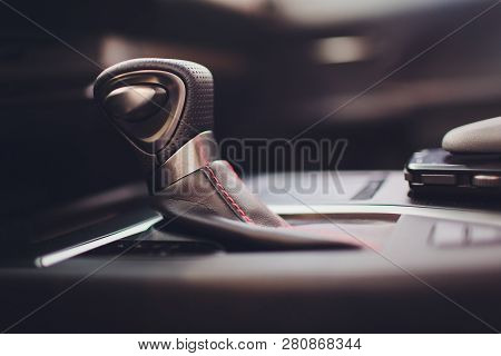 Modern Car Interior, Gearstick Close Up Photo.