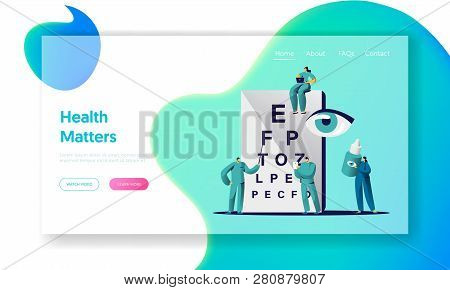 Ophthalmologist Doctor Check Eye Sight Landing Page. Man Oculist Character Analysis Eyesight. Medica