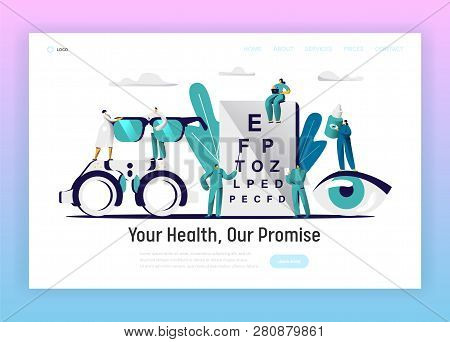 Ophthalmologist Doctor Test Eyesight Landing Page. Male Oculist With Pointer Perform Eye Examination