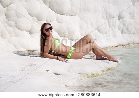 Beauty Treatment. Summer Vacation In Pamukkale. Natural Travertine Pool Terrace In Pamukkale. Cotton
