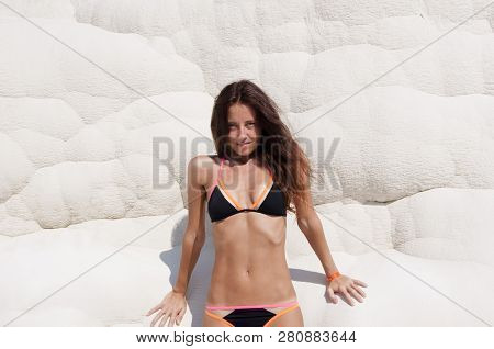 Fresh And Beautiful. Sexy Woman With Fit Suntan Body. Cotton Castle In Southwestern Turkey. Summer V