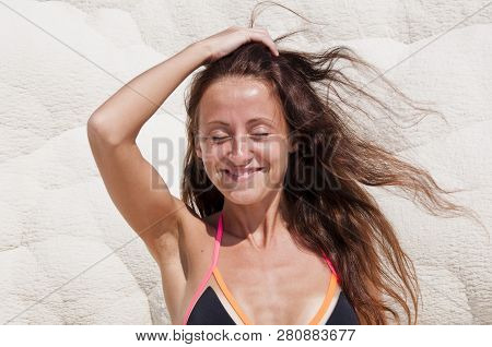 Fresh And Beautiful. Sexy Woman With Fit Suntan Body. Cotton Castle In Southwestern Turkey. Summer V