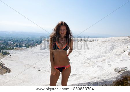 Fresh And Beautiful. Sexy Woman With Fit Suntan Body. Cotton Castle In Southwestern Turkey. Summer V