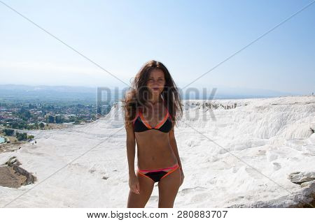 Fresh And Beautiful. Sexy Woman With Fit Suntan Body. Cotton Castle In Southwestern Turkey. Summer V