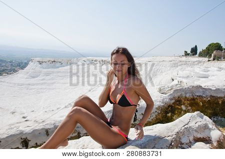 Fresh And Beautiful. Sexy Woman With Fit Suntan Body. Cotton Castle In Southwestern Turkey. Summer V
