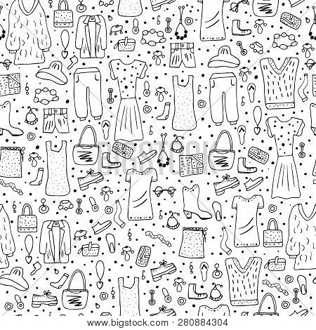 Seamless Pattern Of Woman Clothes And Accessories Set In Doodle Style. Endlees Background Print Of F