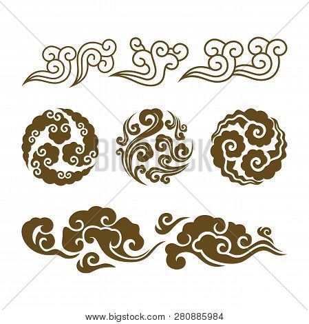 Chinese Clouds. Asian Swirl Cloud Set. Vector Chinese Or Japanese Water Clouds Graphic Set