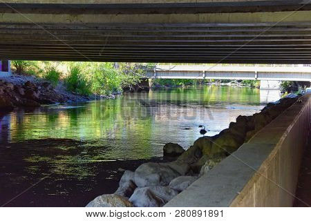 Views Of Jordan River Trail Pedestrian And Train Track Bridge With Surrounding Trees, Russian Olive,