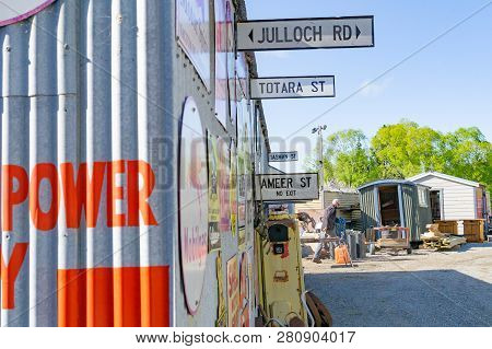 Burkes Pass, New Zealand- October14 2018; Collection Of Heritage Signs And Buildings Brought Togethe
