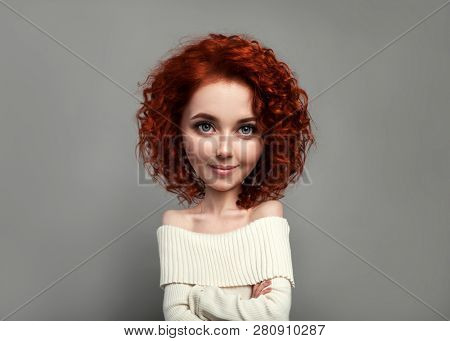 Funny Red Curly Girl With Big Head And Funny Hairstyle. Caricature Stylization Of Female Logic. Youn