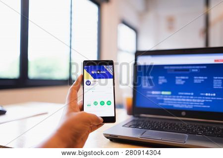 Chiang Mai, Thailand - June 03,2018: Man Holding Huawei With Dropbox On Screen. Dropbox Is A Service