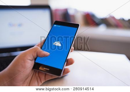 Chiang Mai, Thailand - June 03,2018: Man Holding Huawei With Onedrive On Screen. Microsoft Onedrive 