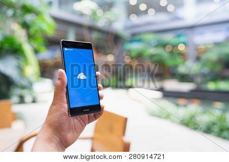Chiang Mai, Thailand - May 05,2018: Man Holding Huawei With Onedrive On Screen. Microsoft Onedrive I