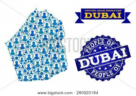 People Combination Of Blue Population Map Of Dubai Emirate And Grunge Seal. Vector Seal With Corrode