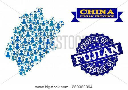 People Combination Of Blue Population Map Of Fujian Province And Corroded Seal Stamp. Vector Seal Wi