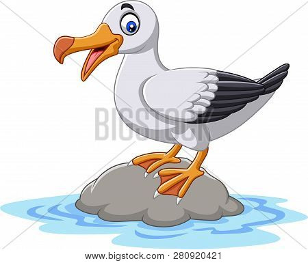 Vector Illustration Of Cartoon Cute Bird Albatross Standing On A Rock