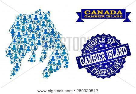 People Combination Of Blue Population Map Of Gambier Island And Rubber Seal. Vector Watermark With D