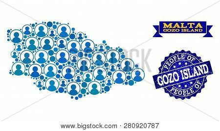 People Combination Of Blue Population Map Of Gozo Island And Dirty Seal Stamp. Vector Seal With Grun