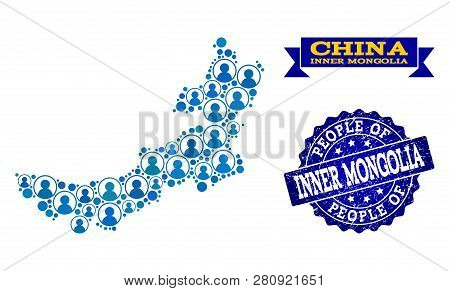 People Composition Of Blue Population Map Of Inner Mongolia And Grunge Seal Stamp. Vector Seal With 
