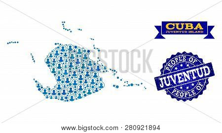 People Composition Of Blue Population Map Of Juventud Island And Corroded Seal. Vector Imprint With 